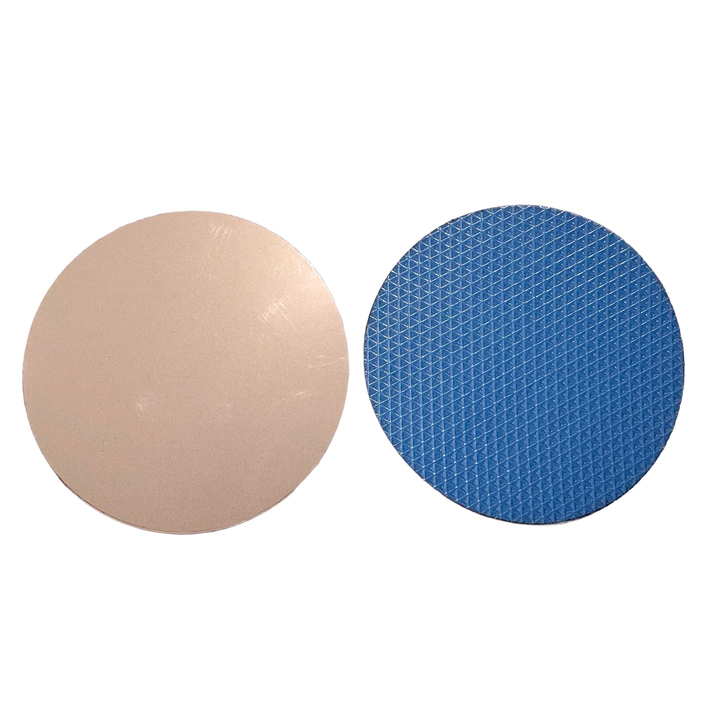 Two circular adhesive pads from Worx Writes—one beige and one blue with a honeycomb texture—shown side by side on a white background