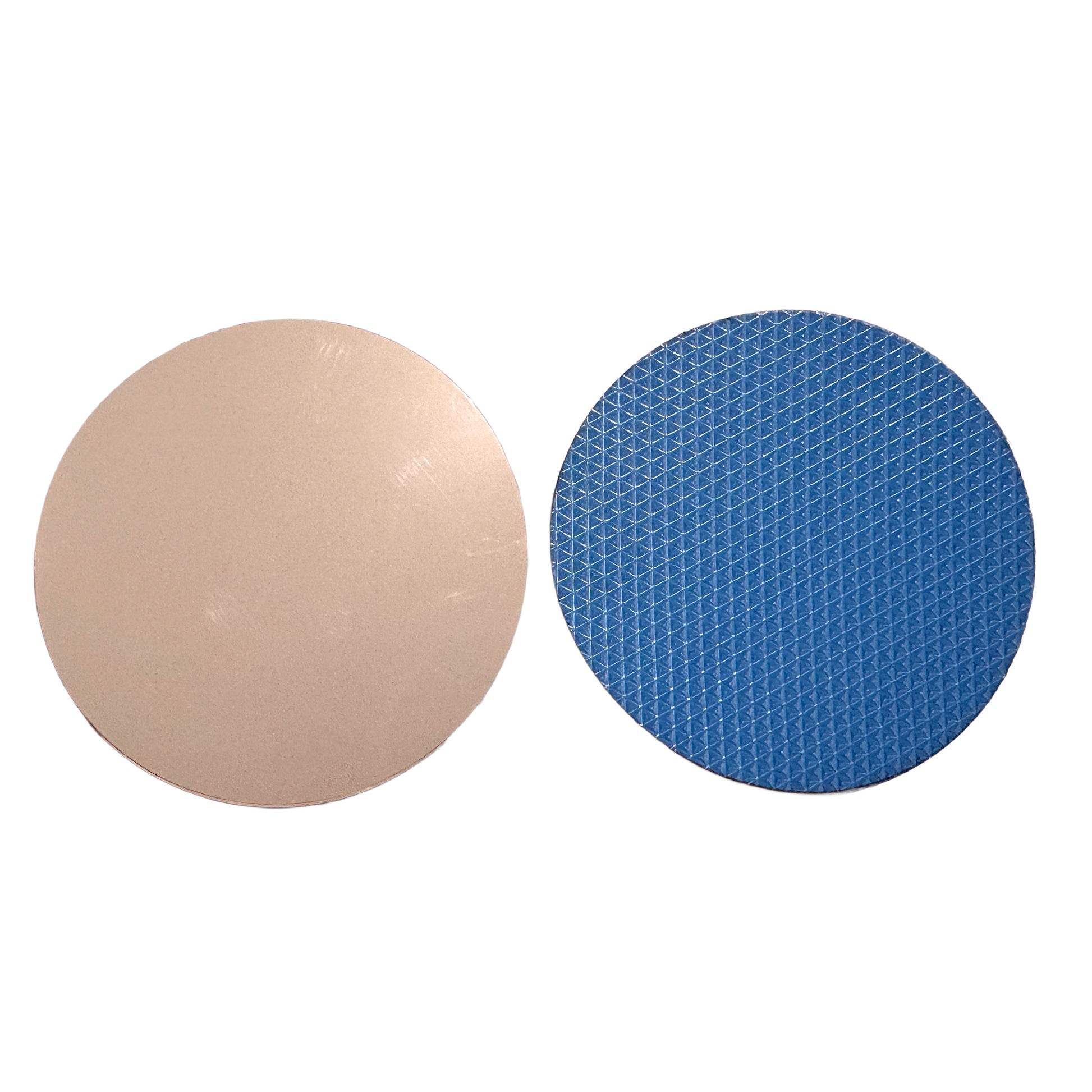 Two circular adhesive pads from Worx Writes—one beige and one blue with a honeycomb texture—shown side by side on a white background
