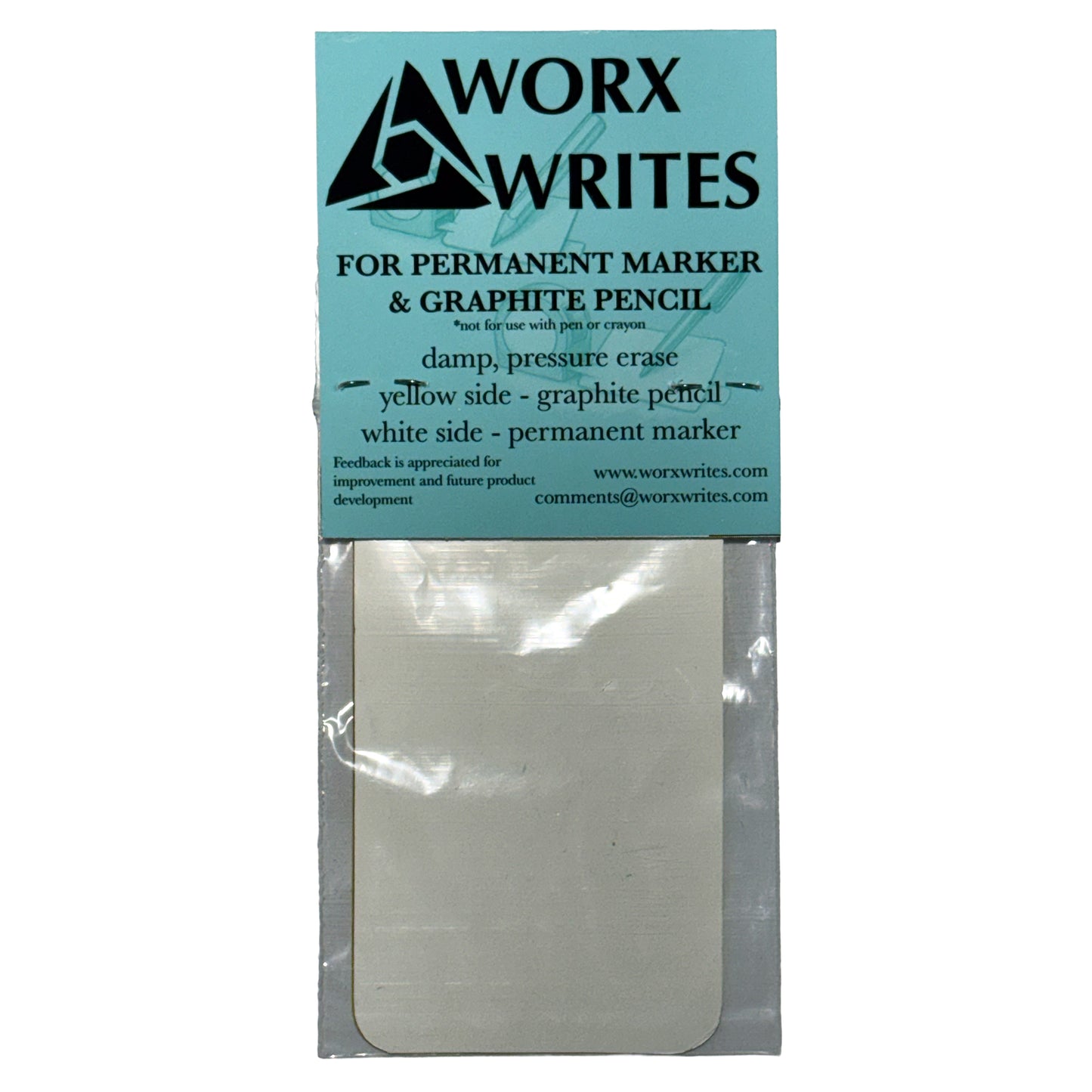 Packaging for Worx Writes Business Card pad showing teal-blue label at the top and white rectangular pad inside a clear pouch on a white background