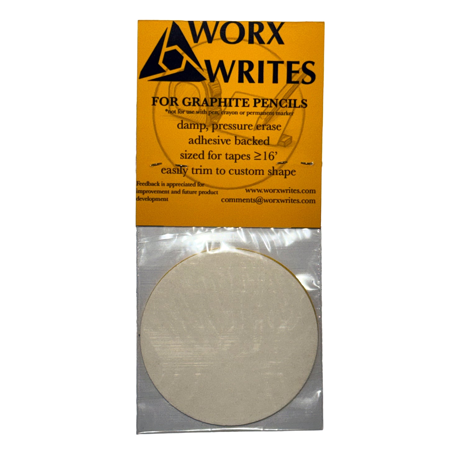 Packaging for graphite pencils by Worx Writes with yellow header and round adhesive pad inside clear pouch.