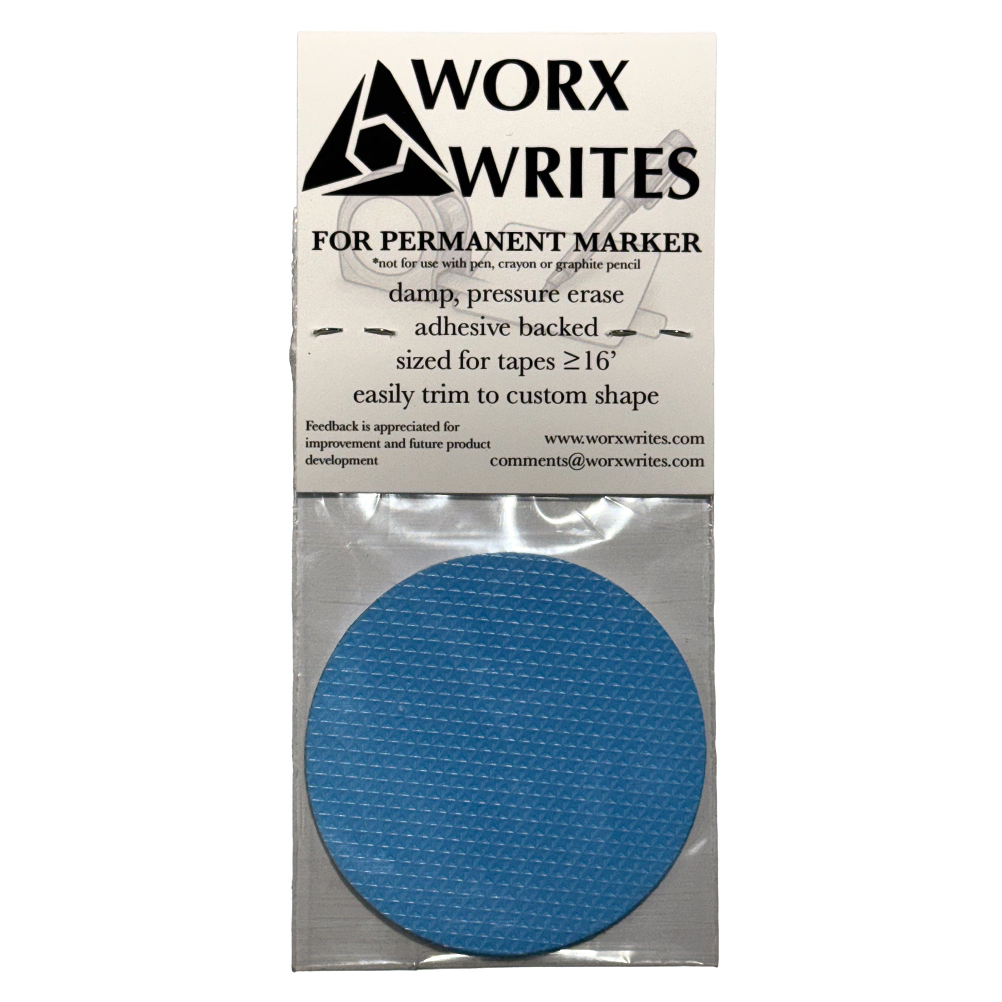 Packaging of Worx Writes Tradesman Permanent adhesive-backed writing surface with blue circular pad for permanent marker, showing packaging details on white background