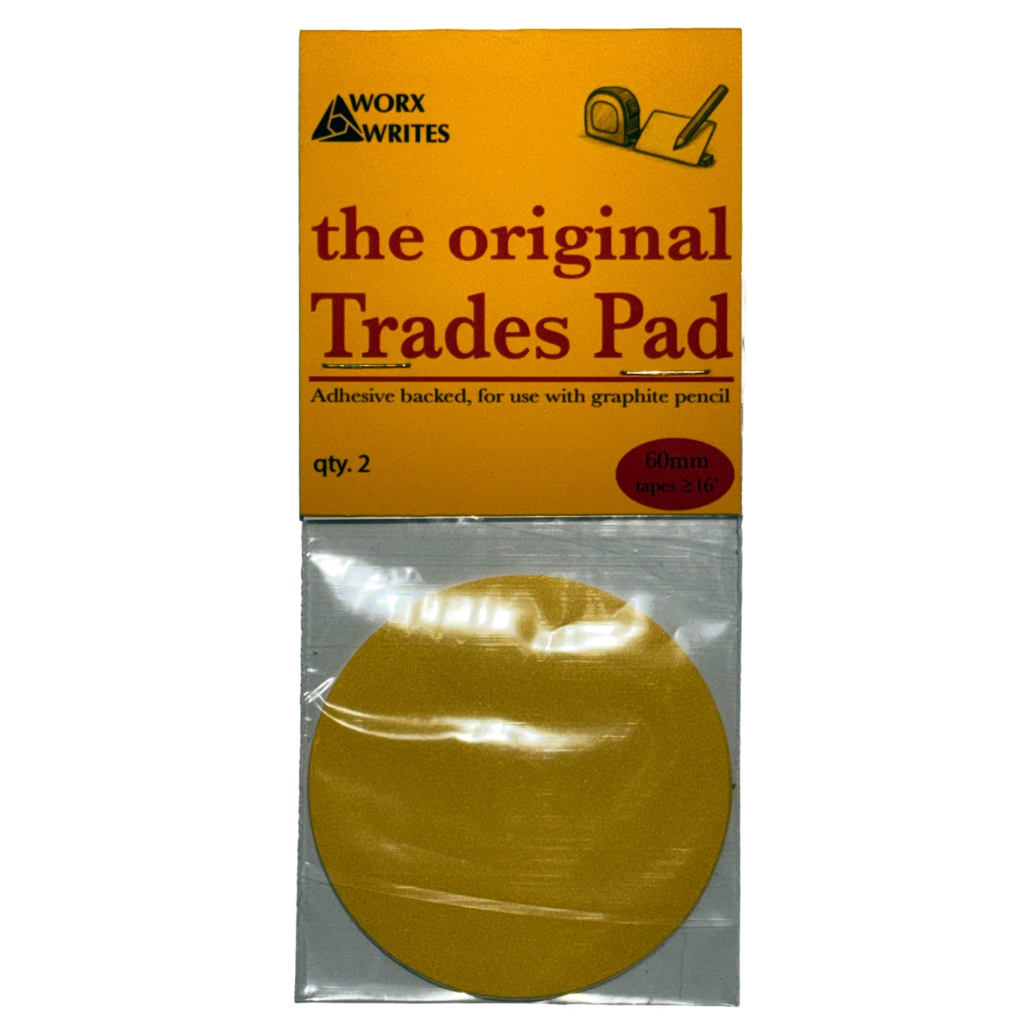 Packaging of The Original Trades Pad by Worx Writes, showing yellow round pad in clear packaging.