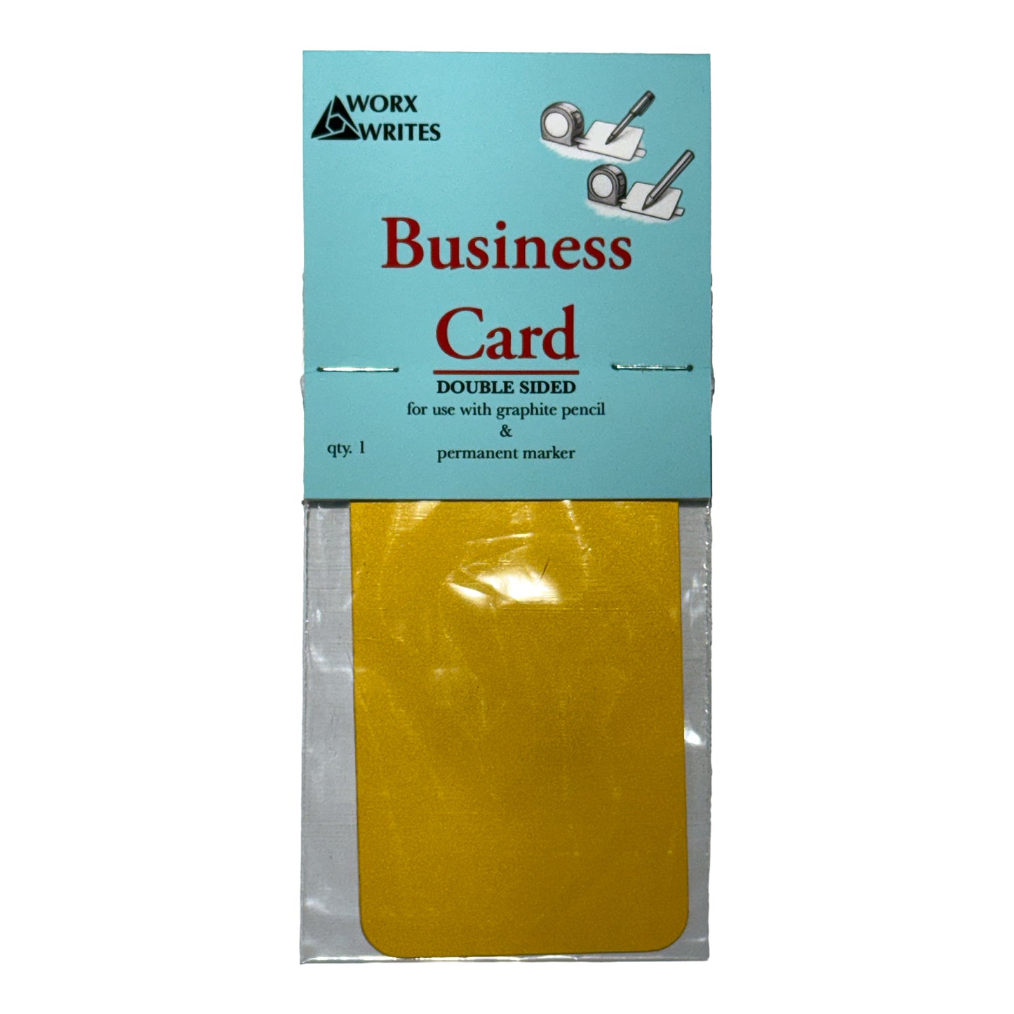 Packaging of Worx Writes Business Card reusable writing pad showing a yellow double-sided pad inside teal packaging.