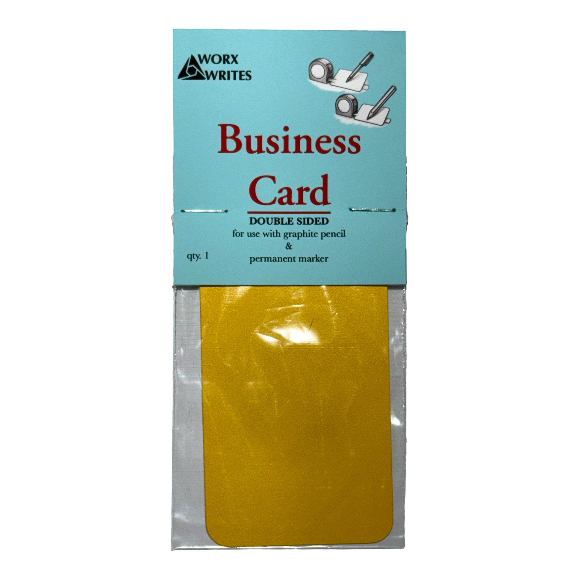 Packaging of Worx Writes Business Card reusable writing pad showing a yellow double-sided pad inside teal packaging.