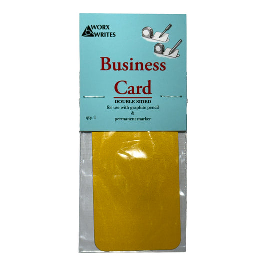 Packaging of Worx Writes Business Card reusable writing pad showing a yellow double-sided pad inside teal packaging.