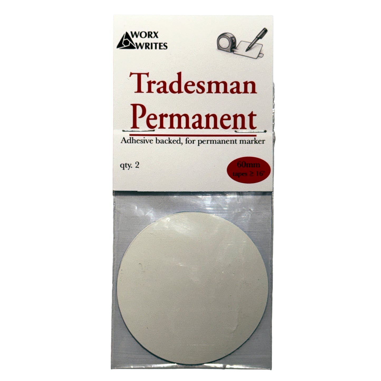 Packaging of Worx Writes Tradesman Permanent adhesive-backed writing surface for permanent marker, showing white circular pad in clear packaging