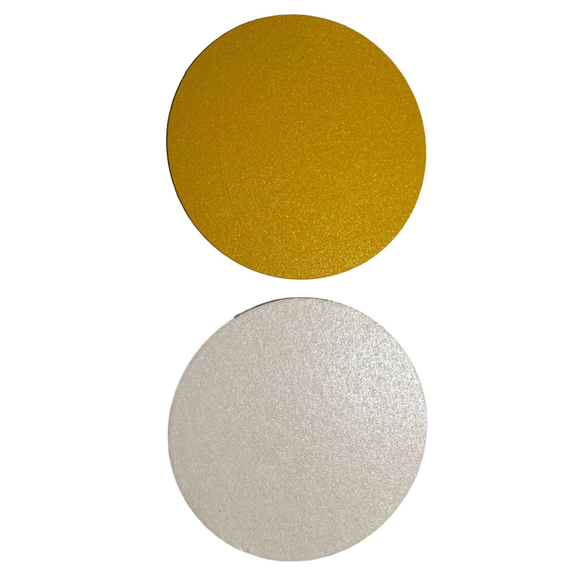 Two round adhesive pad discs by Worx Writes – one gold and one white – displayed on a white background.