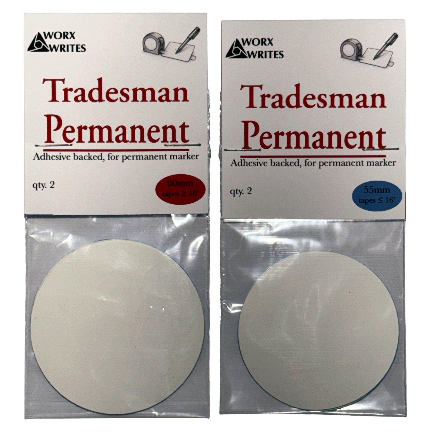 Two packages of Worx Writes Tradesman Permanent adhesive-backed writing pads for permanent markers, showing two different size options with white circular pads, on a white background