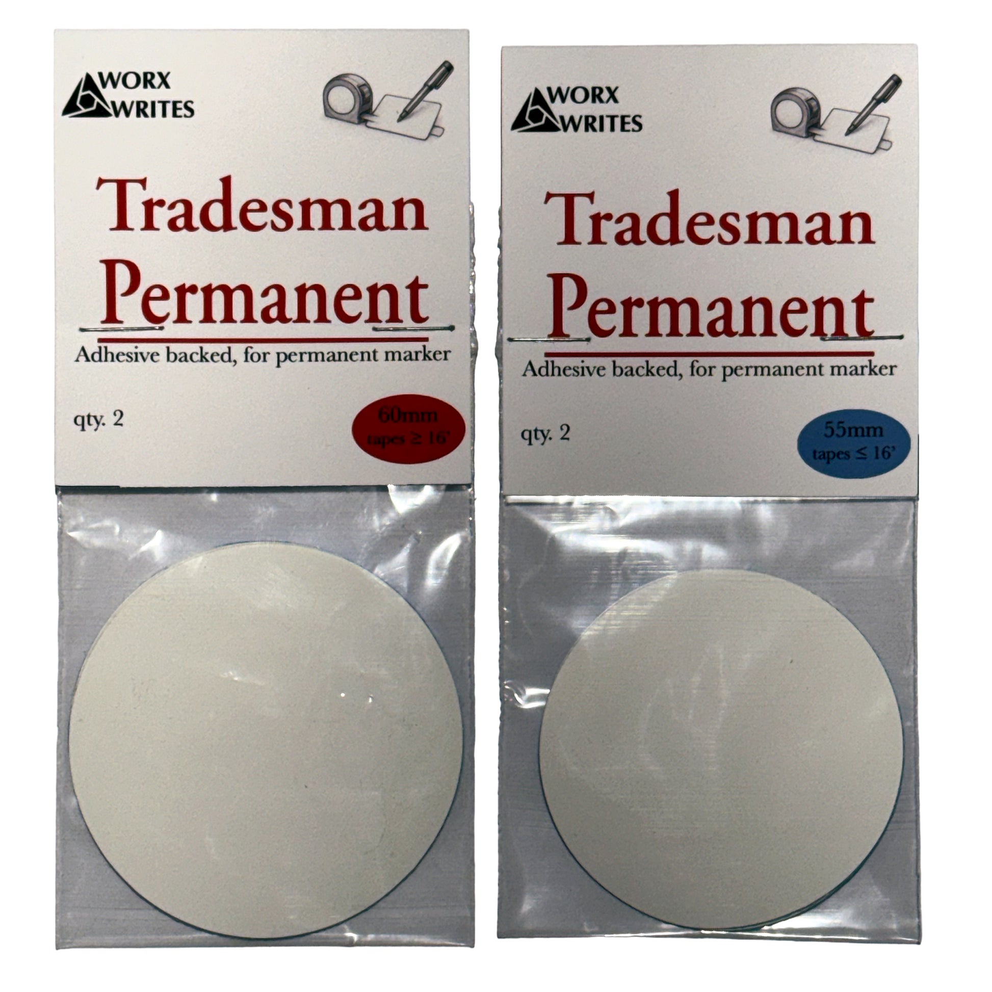Two packages of Worx Writes Tradesman Permanent adhesive-backed writing pads for permanent markers, showing two different size options with white circular pads, on a white background