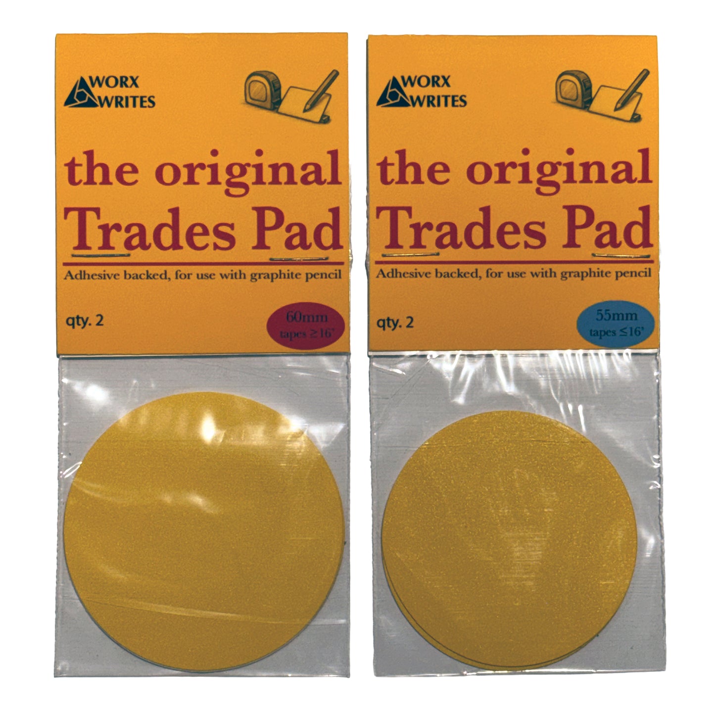 Two packages of The Original Trades Pad by Worx Writes side by side, each showing yellow tape measure pads inside clear packaging.